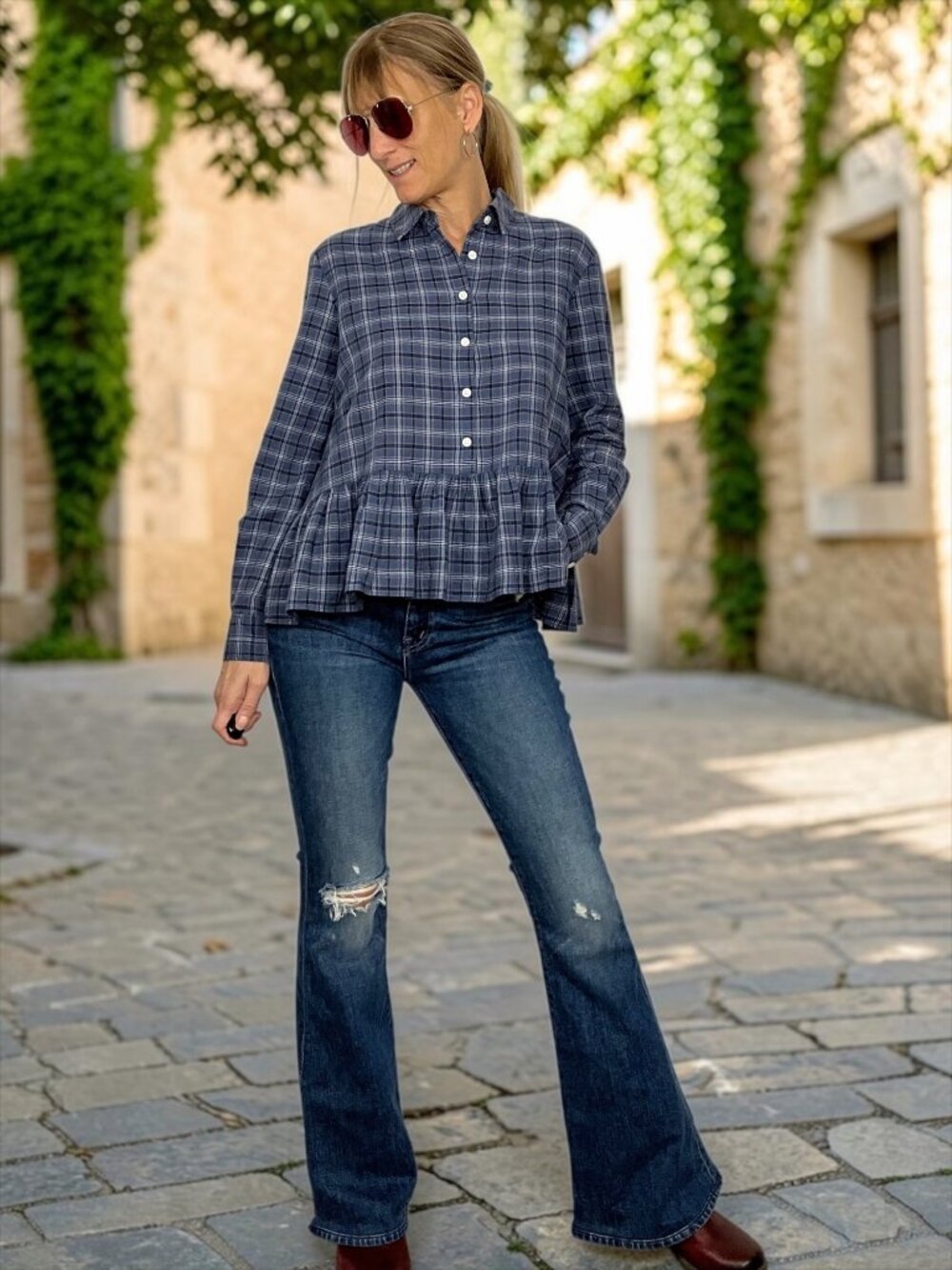 The Great. The Ruffle Oxford Shirt 0 Library Plaid Blue Peplum Oversized Cotton